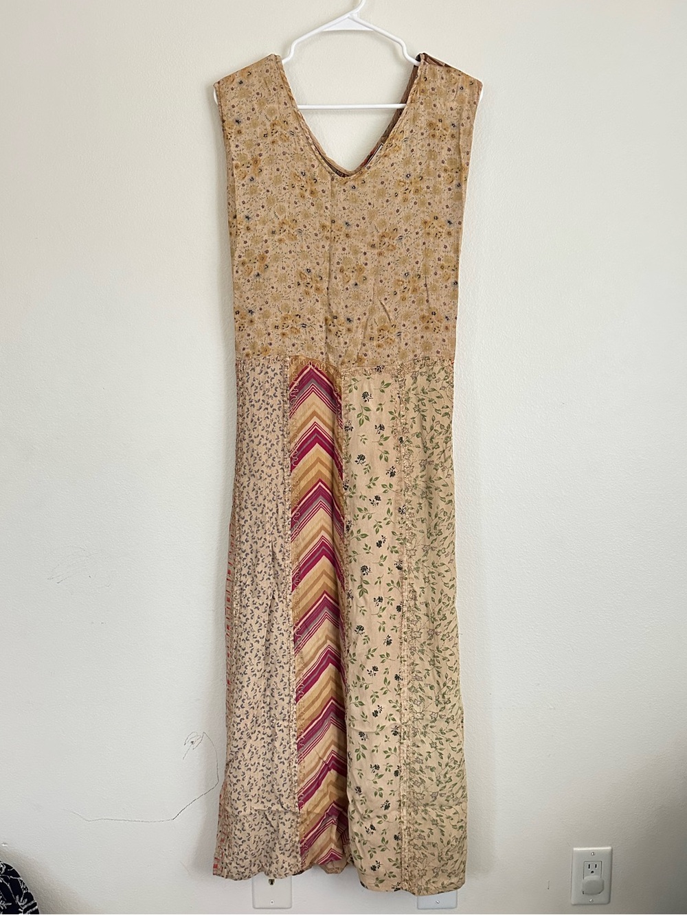 Vintage Y2K Boho Patchwork Embroidered Babydoll Maxi Dress Beige Pink Accent - Picture 1 of 5